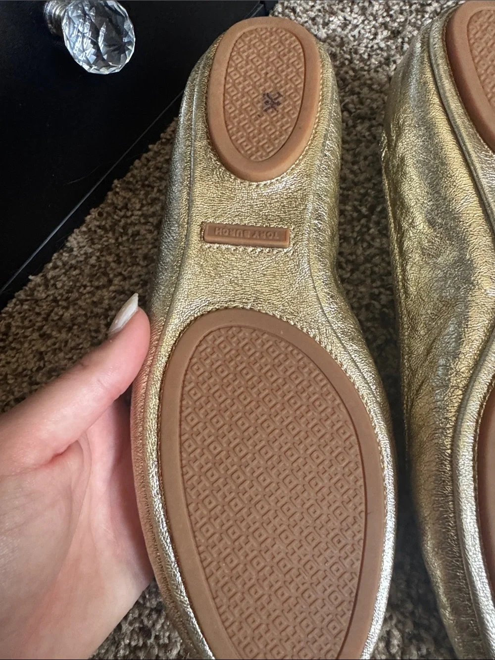 Tory Burch Metallic Gold Leather Logo Ballet Flats